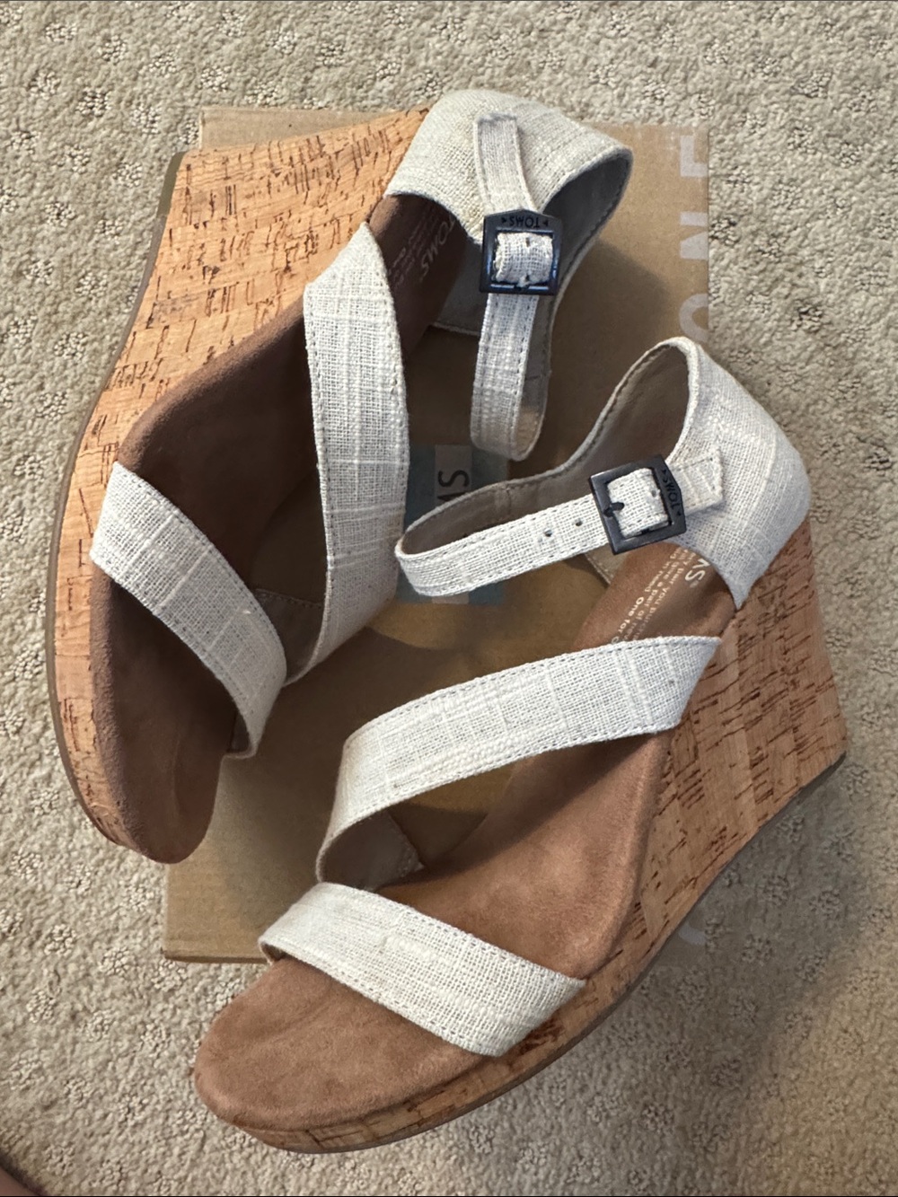 Toms Neutral Linen-Look Cork Wedge Sandals